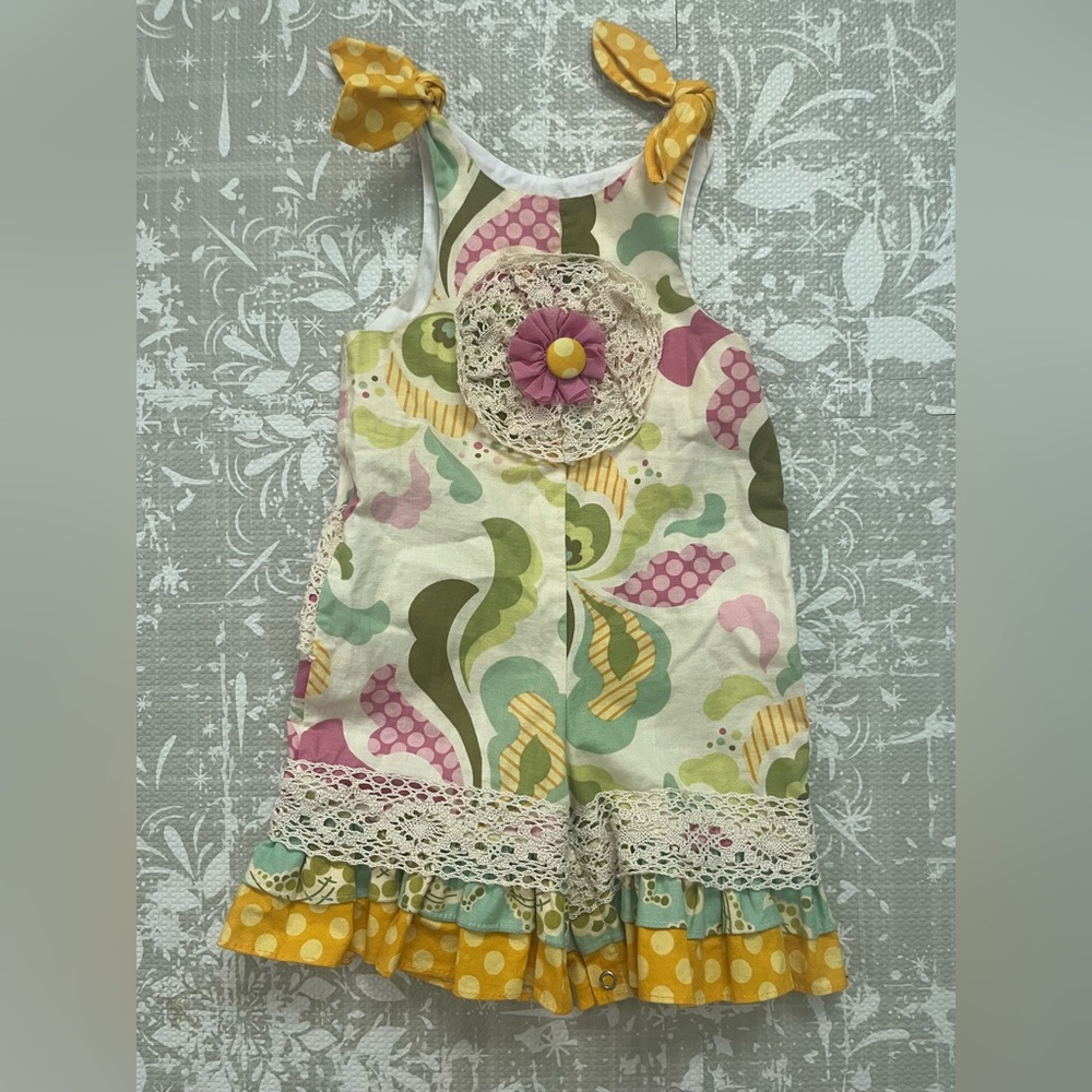Girls Multicolor Floral Swirl One-Piece Bodysuit with Yellow Tie Straps